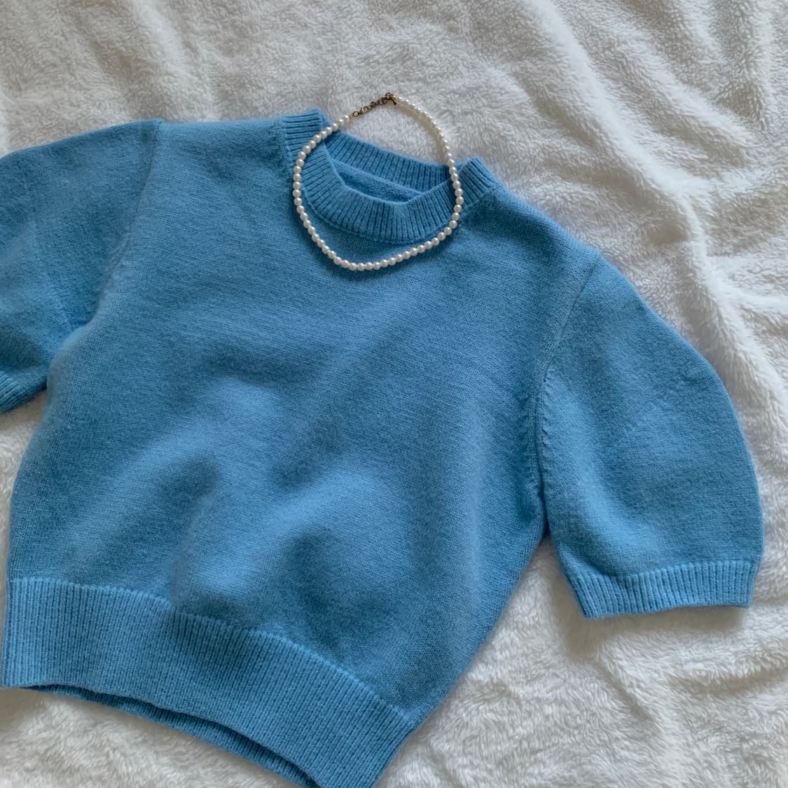 스카이블루 세미크롭 퍼프소매 반팔니트 상품이미지1