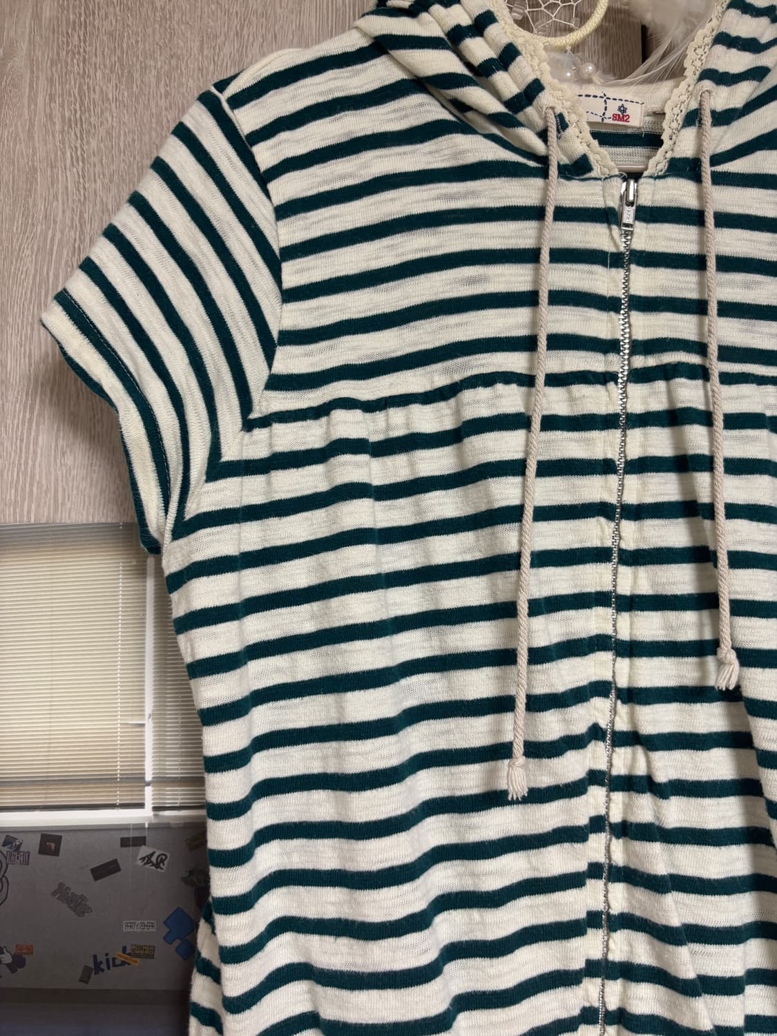 카메 빈티지 대대장 SM2 그린 스트라이프 모리 반소매 후드집업 상품이미지2