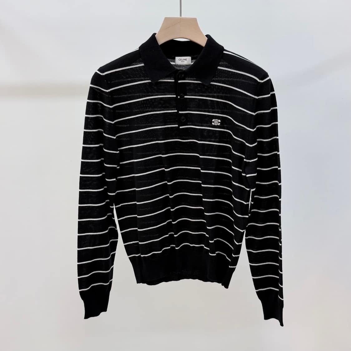 [S+급/M] 셀린느 트리오페 스트라이프 긴팔 카라 니트 블랙 상품이미지1