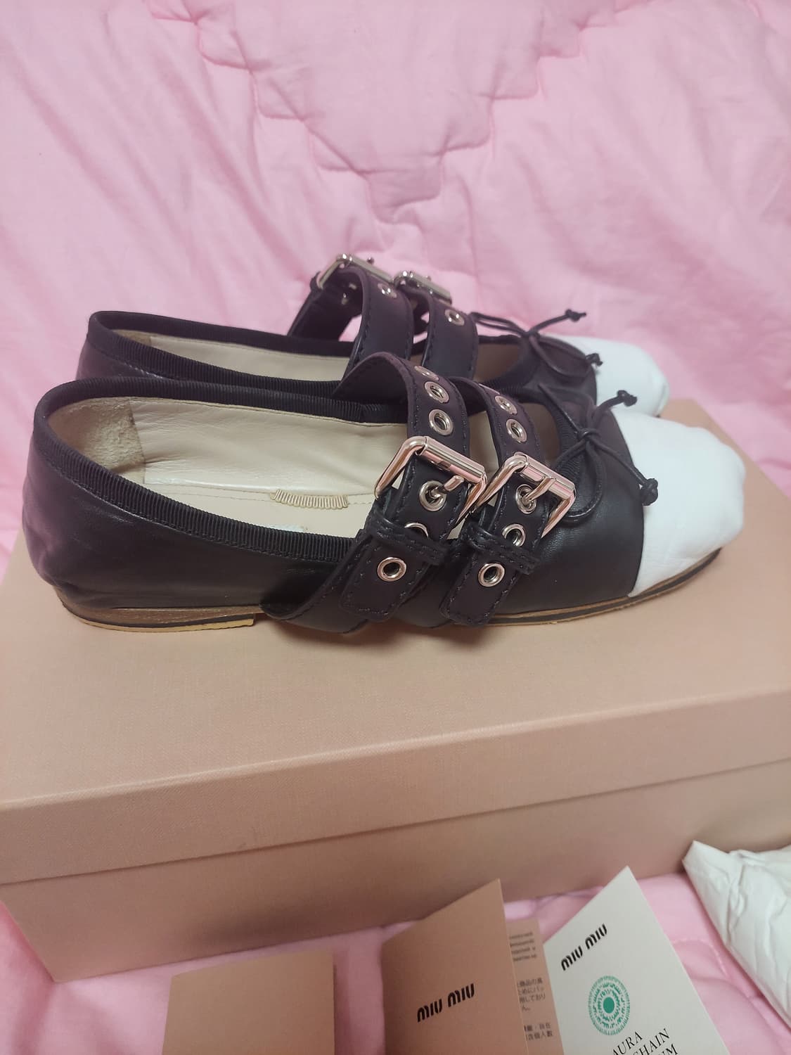 정품)급처3번정도신은!미우미우 가죽더블스트랩리본발레리나플랫슈즈메리제인구두 상품이미지6