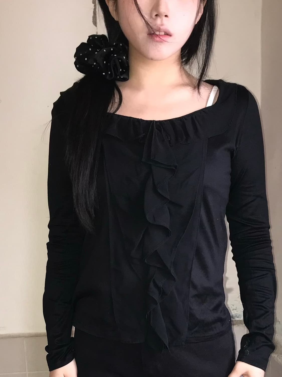 vintage black ruffle boat neck T sleeve 상품이미지2