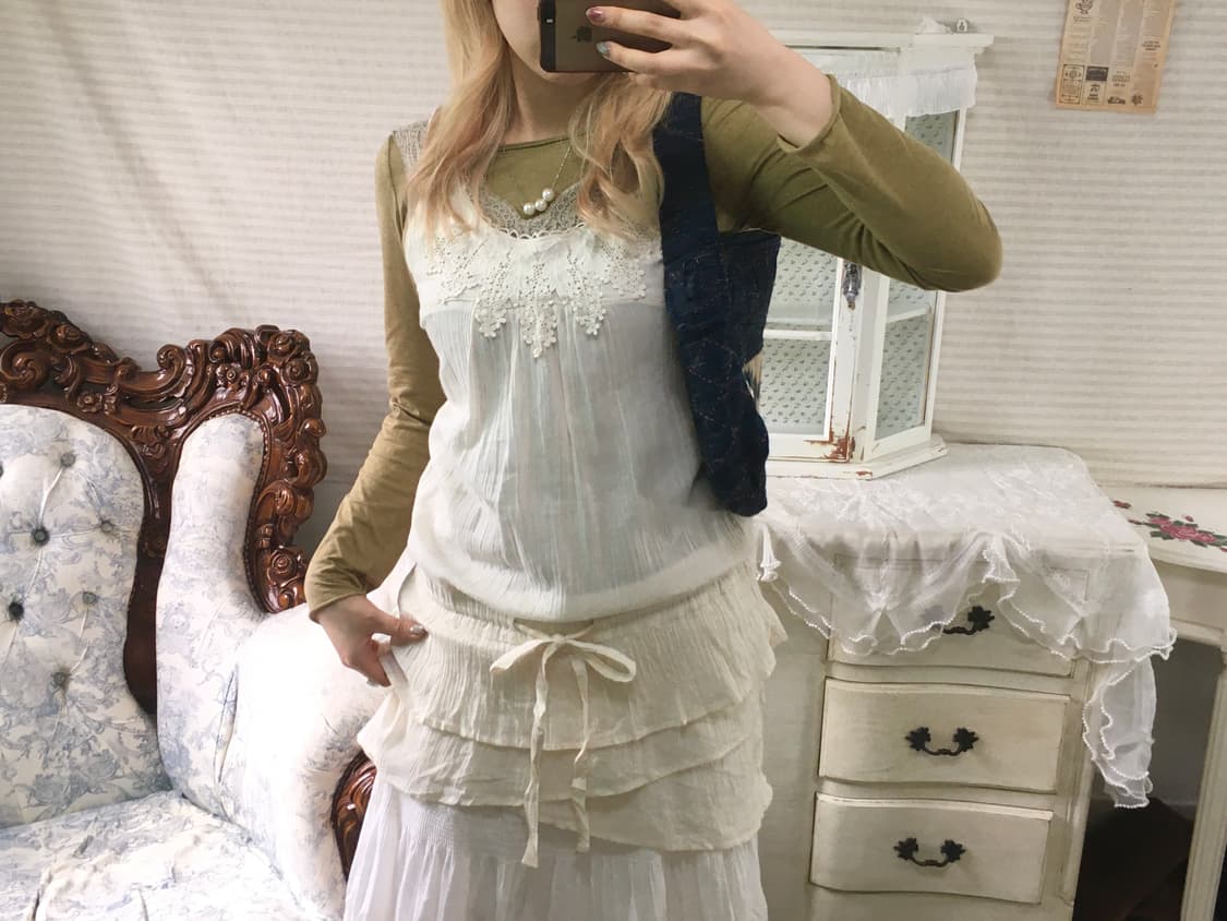 Set)카키민트 레이스나시 + 올리브롱슬리브 + 모리 레이스 원피스 상품이미지1