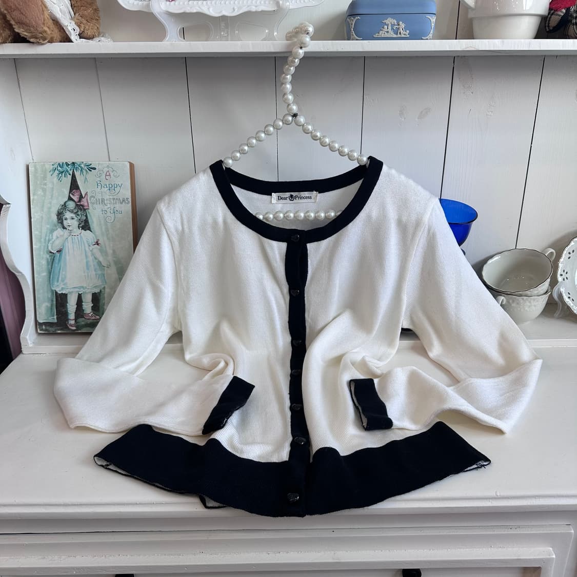 Dear Princess 배색 가디건 화이트 블랙 상품이미지1