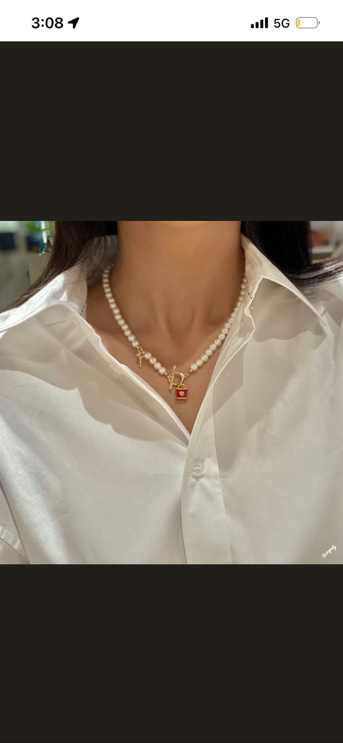 빈티지헐리우드 포르테 러브락 레드 진주 목걸이 수지착용 상품이미지2