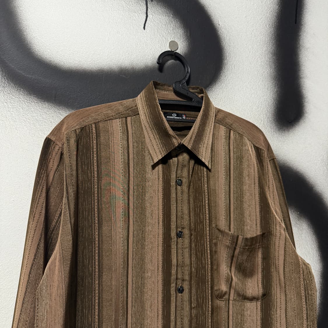 VTG 빈티지 다크 브라운 스트라이프 폴리 원포켓 긴팔 셔츠 상품이미지3
