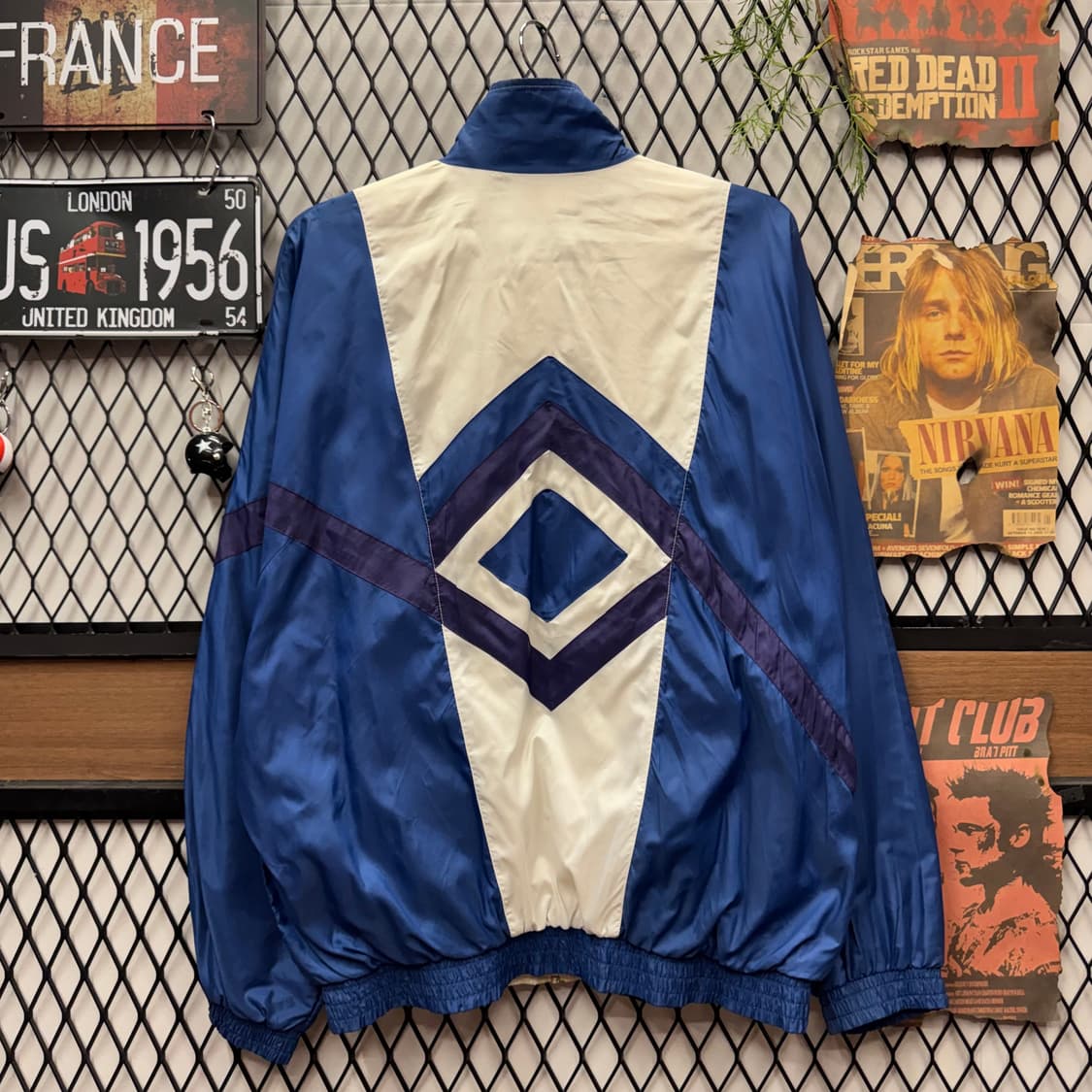 90s 아디다스 올드스쿨 바람막이 전후면 패턴 포인트 블루 화이트 상품이미지2