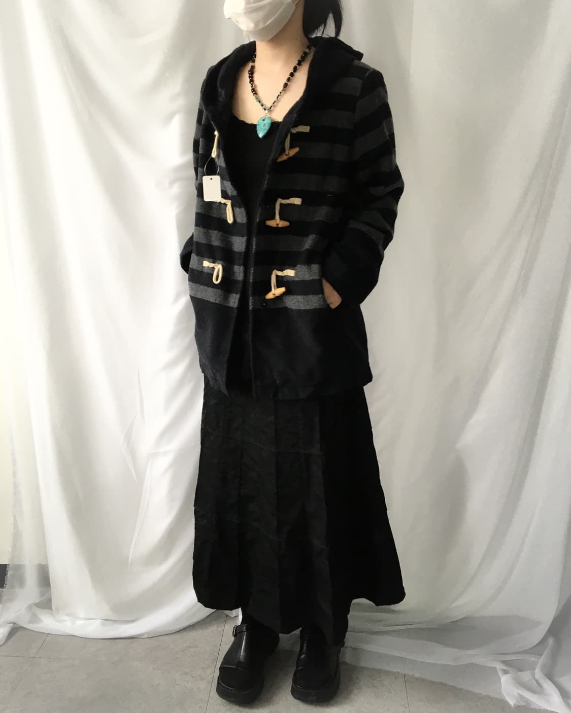 Stripe pattern duffle button hood coat 상품이미지10