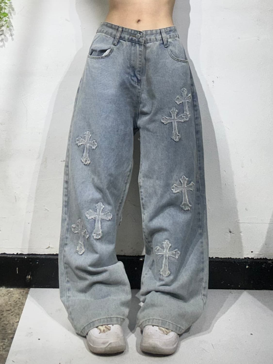 일본 빈티지 연청 십자가 자수 디테일 와이드 데님 팬츠 청바지 XL 상품이미지2