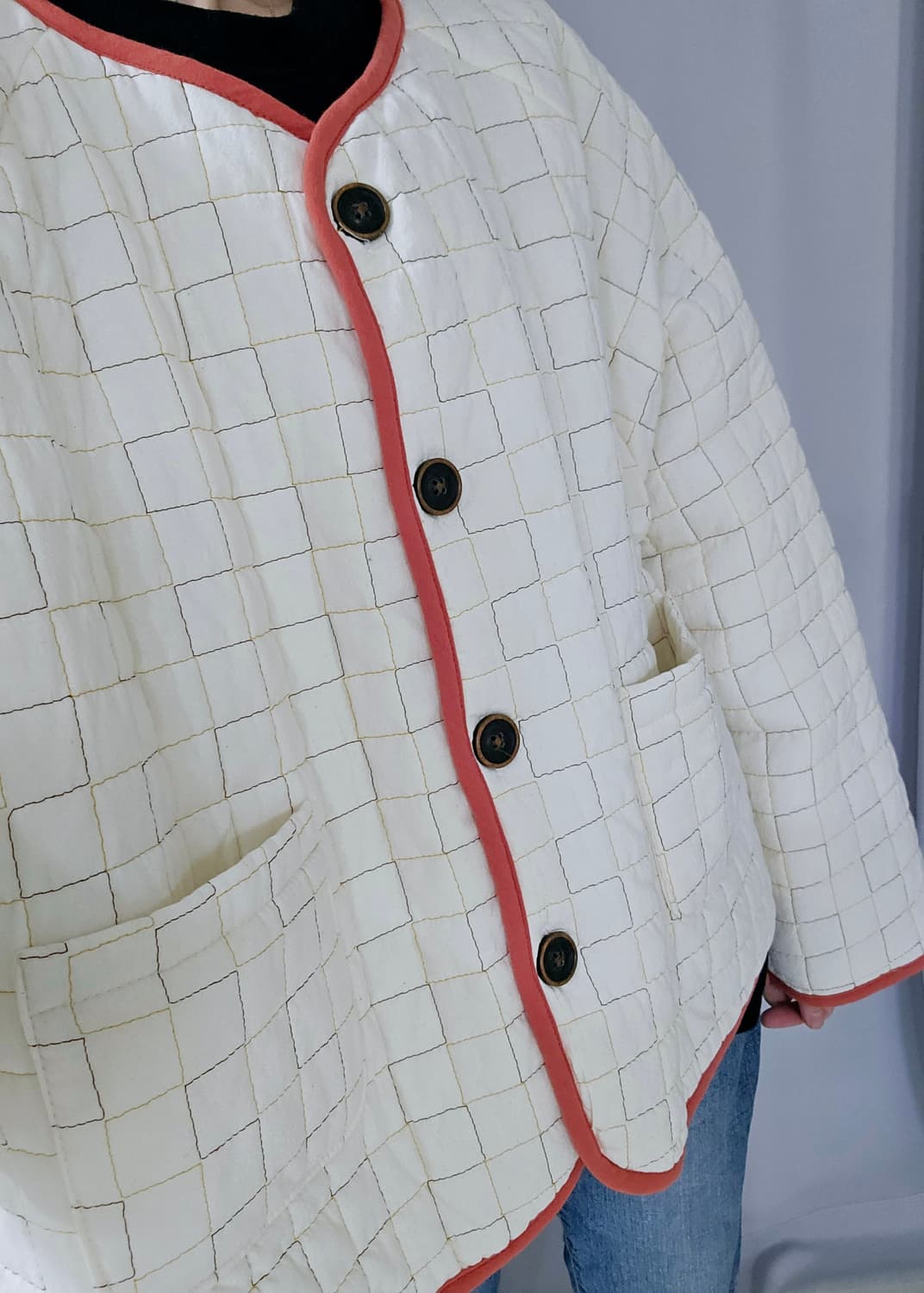 코랄핑크 배색 퀼팅 자켓 (간절기 아우터) 상품이미지6