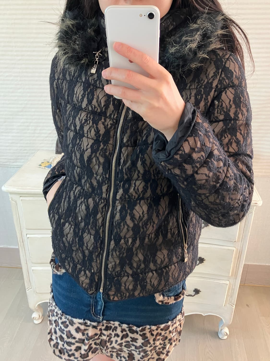 jpn vintage 블랙 시스루 플라워 패턴 패딩 y2k 스트릿 갸루  상품이미지4