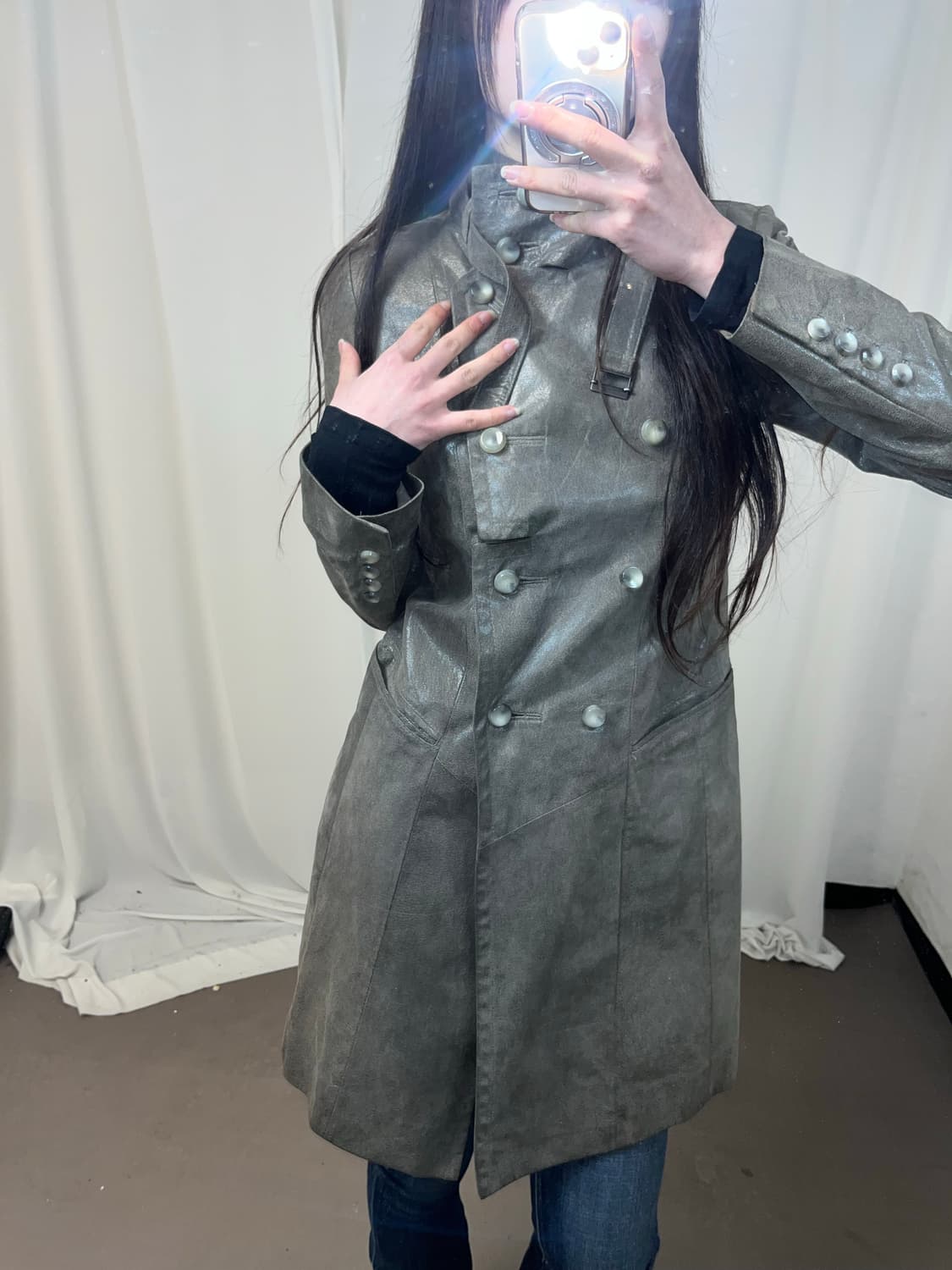 카키 그레이 나폴레옹 레더 코트 상품이미지4