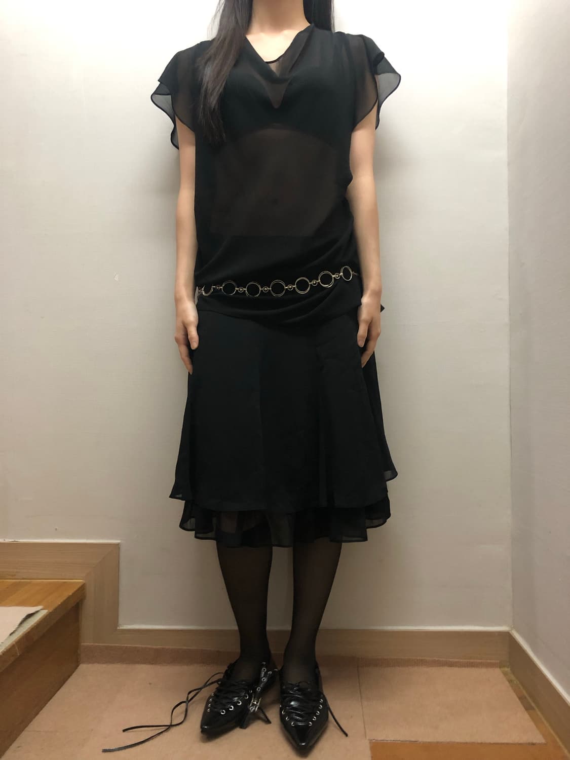 빈티지 블랙 프릴 미디스커트 상품이미지3