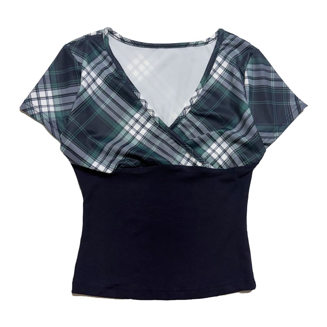 새상품 체크 브이넥 반팔티 (그린) 상품이미지1