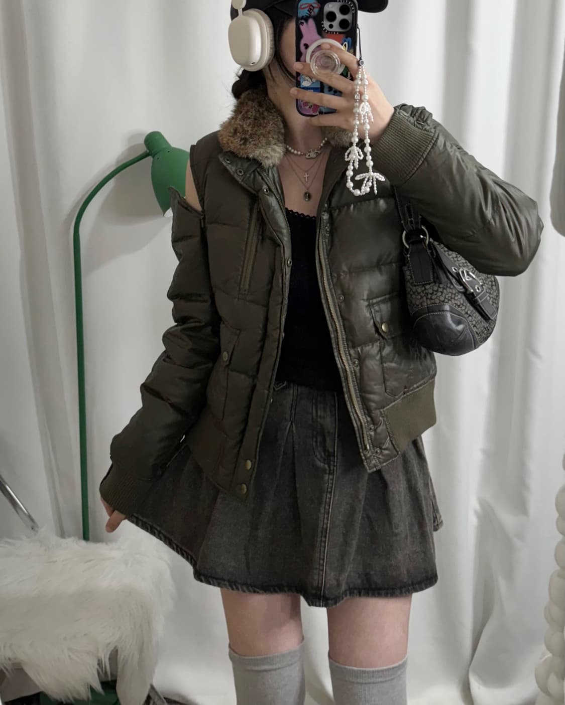 카키 레빗 퍼 다운 패딩 자켓 상품이미지1