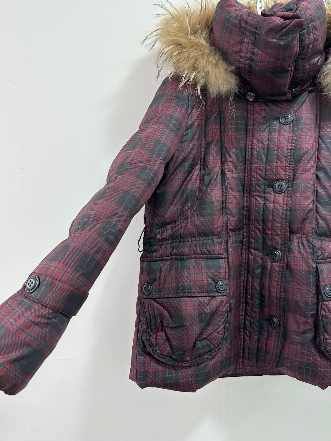 Raccoon fur high neck check puffer  상품이미지6