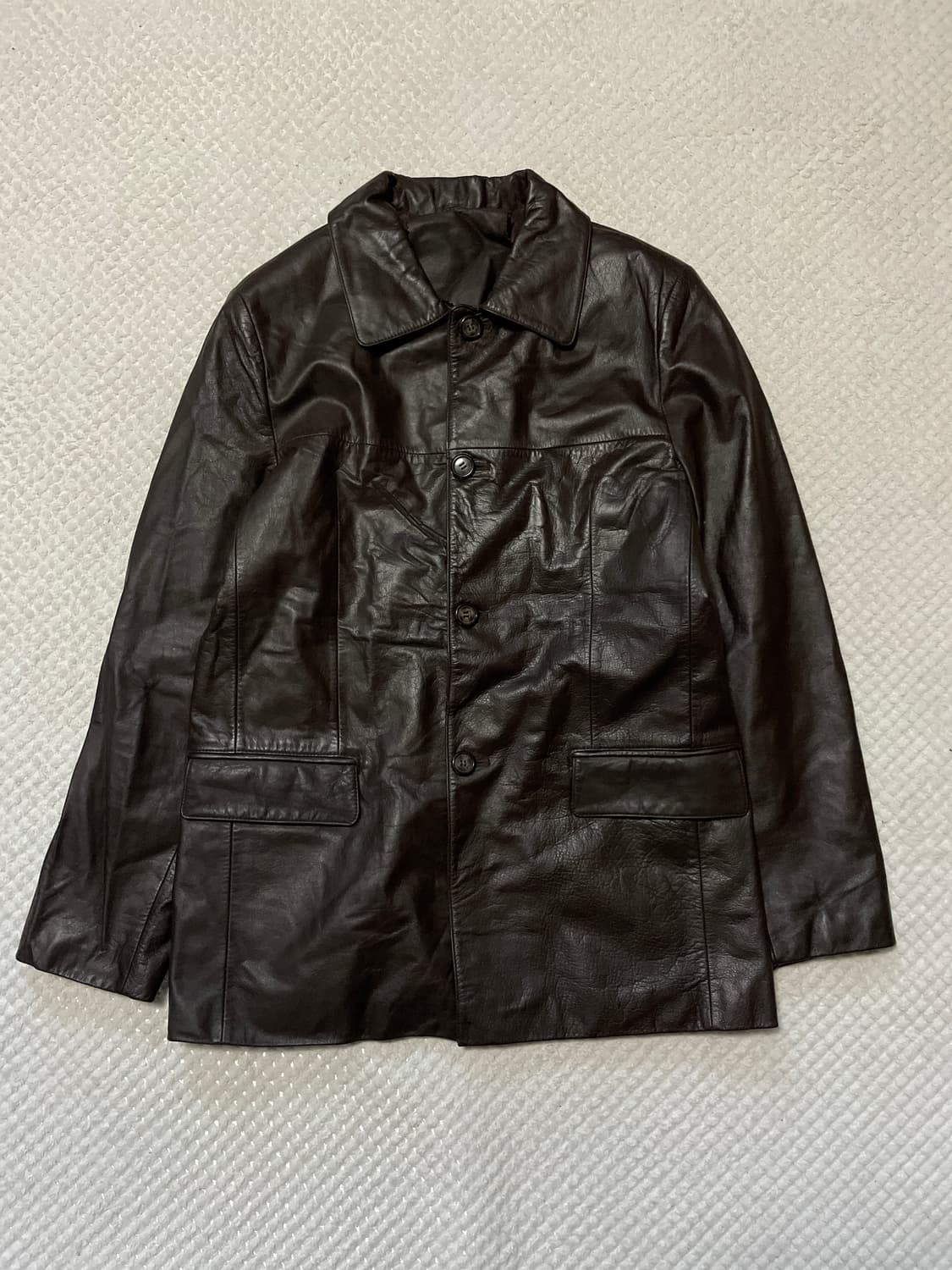 광희시장 웨스턴 무드 카우하이드 소가죽 레더 카 코트 다크 브라운 상품이미지1