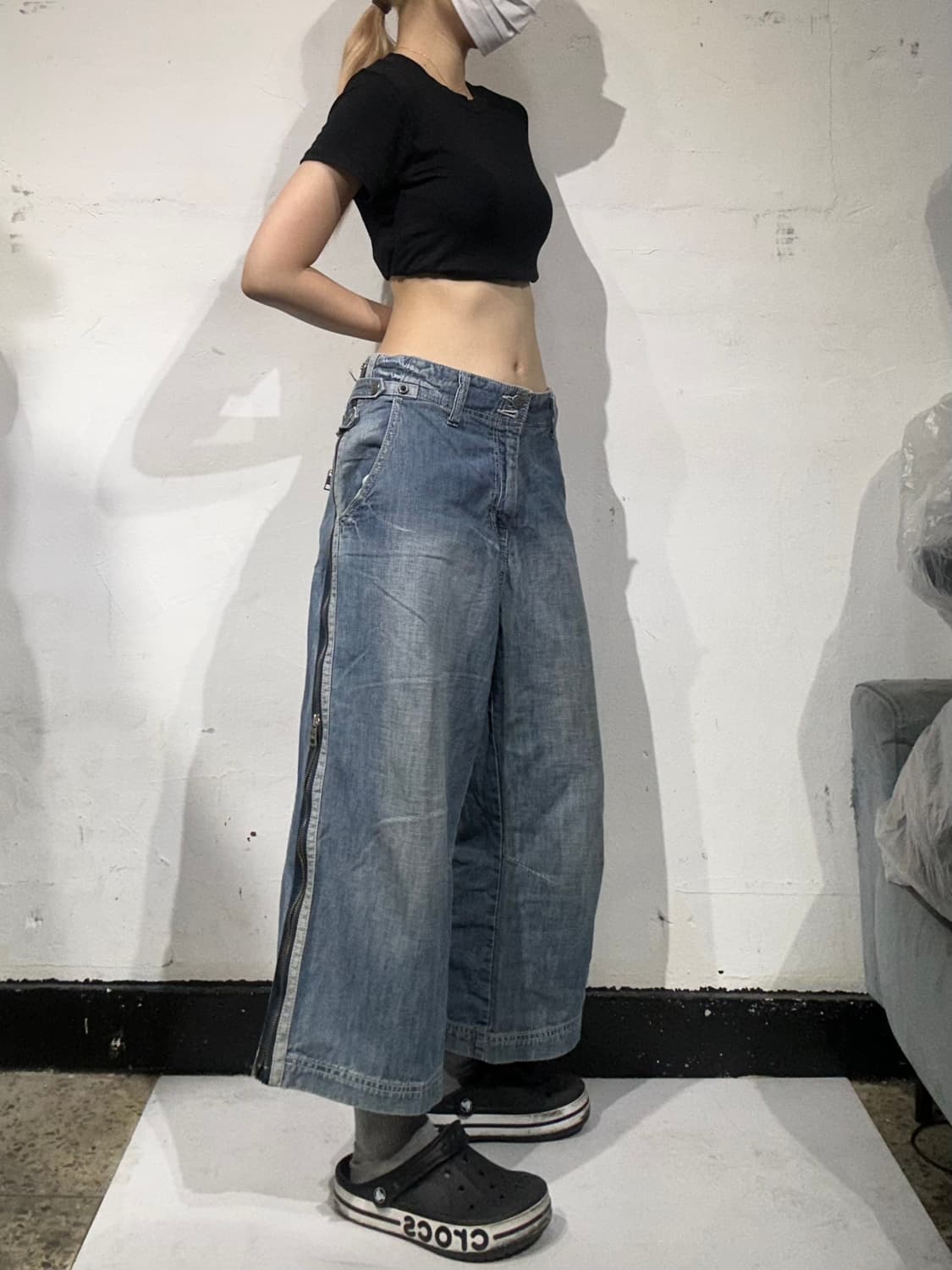 빈티지 중청 올드스쿨 사이드 지퍼 디테일 힙합 데님 팬츠  상품이미지1