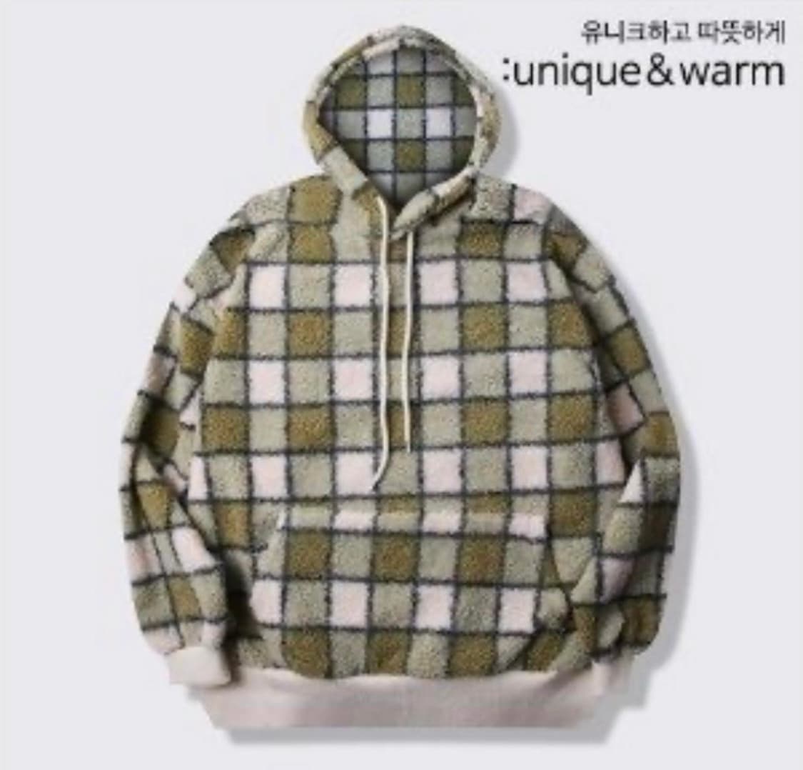 오버핏 체크무늬 뽀글이 후드티셔츠 그린(100-115) 상품이미지2