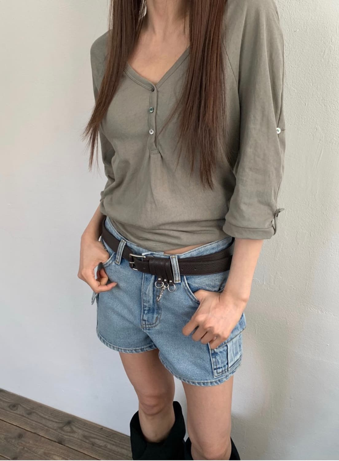 미트미 Slub roll up tee 카키 상품이미지2