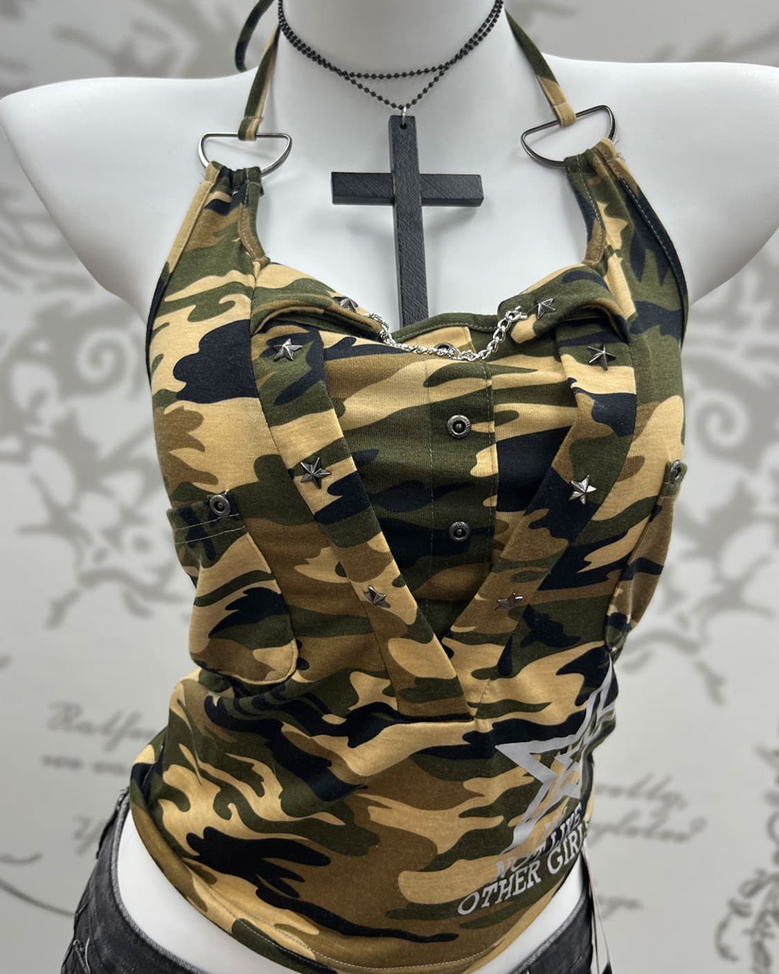 Camo Star Stud Chain Halter Sleeveless 상품이미지4