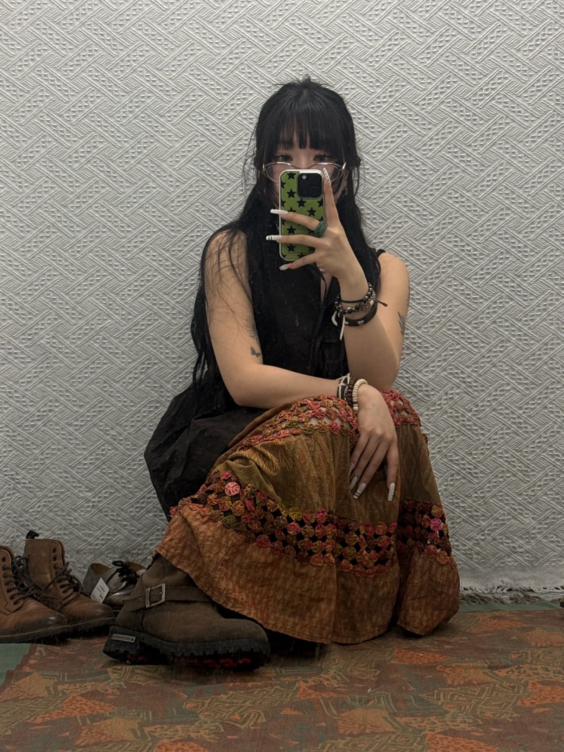 빈티지 보헤미안 에스닉 뜨개 티어드 선셋 플레어 롱스커트 K0063 상품이미지2