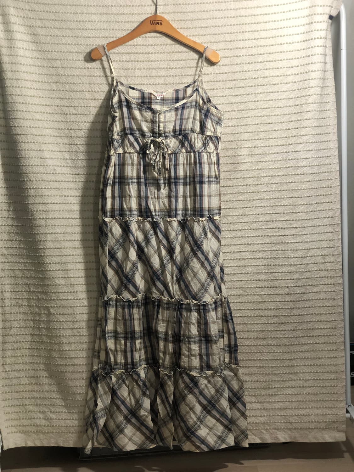 빈티지 화이트 블루 체크 패턴 코튼 미디엄 기장 모리걸 원피스 상품이미지2