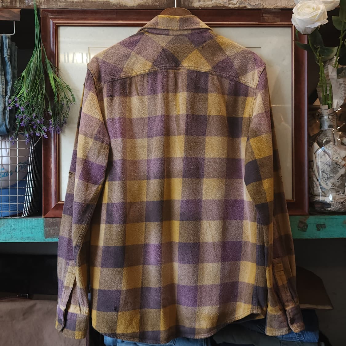 90s 빈티지 체크셔츠 헤비 플란넬 워크셔츠 썬페이딩 퍼플 옐로우 L 상품이미지3
