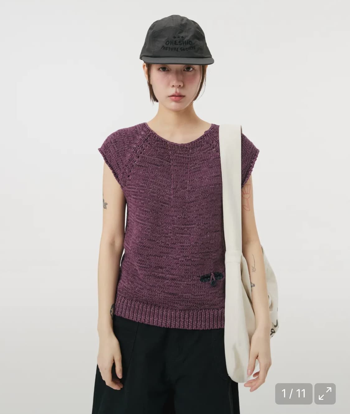 새상품) 오헤시오 위빙 포켓 캡 슬리브 반팔 니트 퍼플 상품이미지1