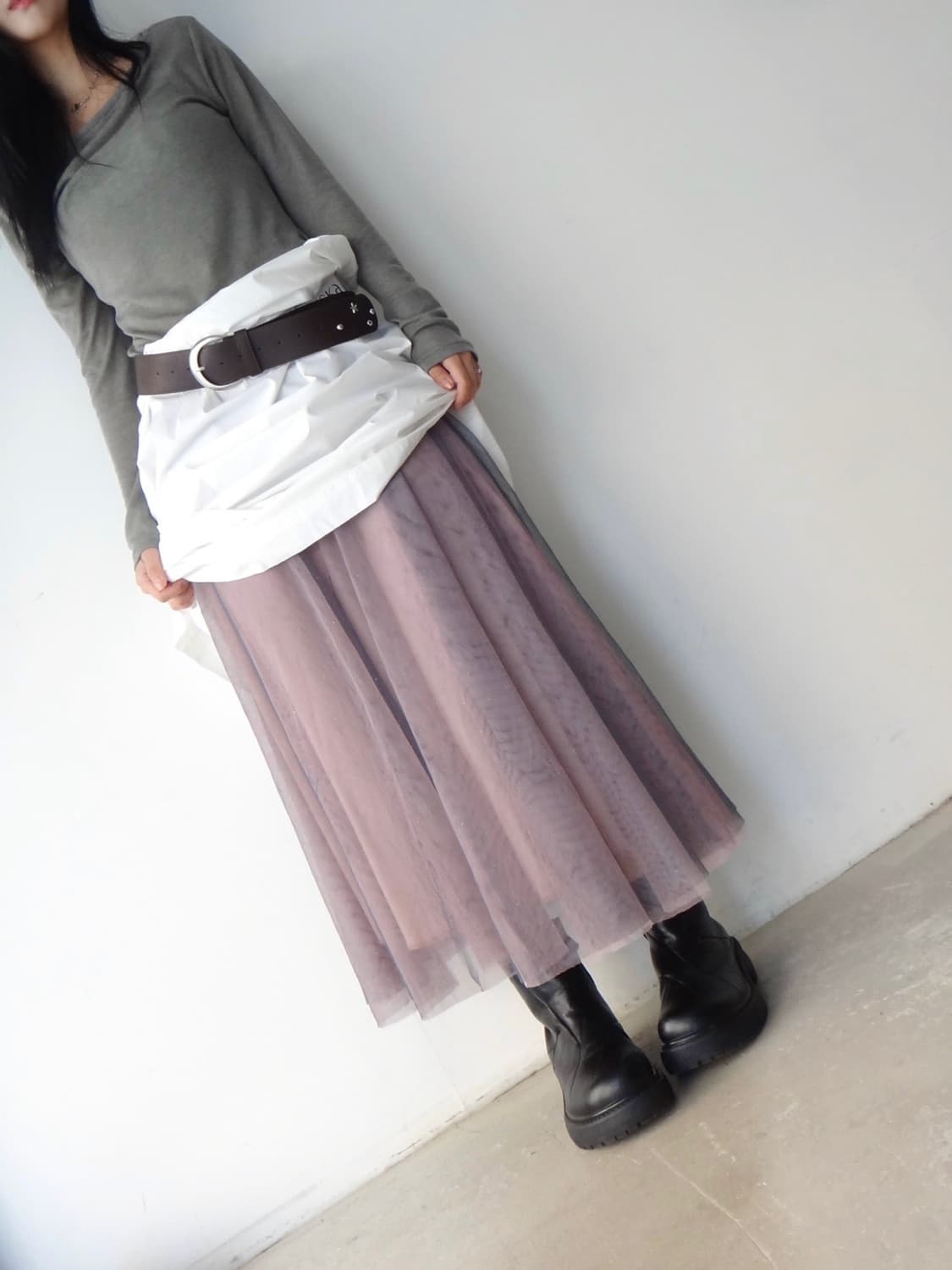 Mesh 2 layered rose skirt / grey & pink 상품이미지5