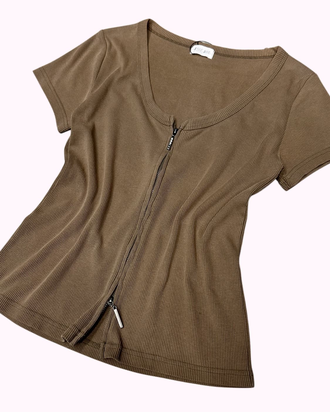 brown ribbed zip-up top 상품이미지3