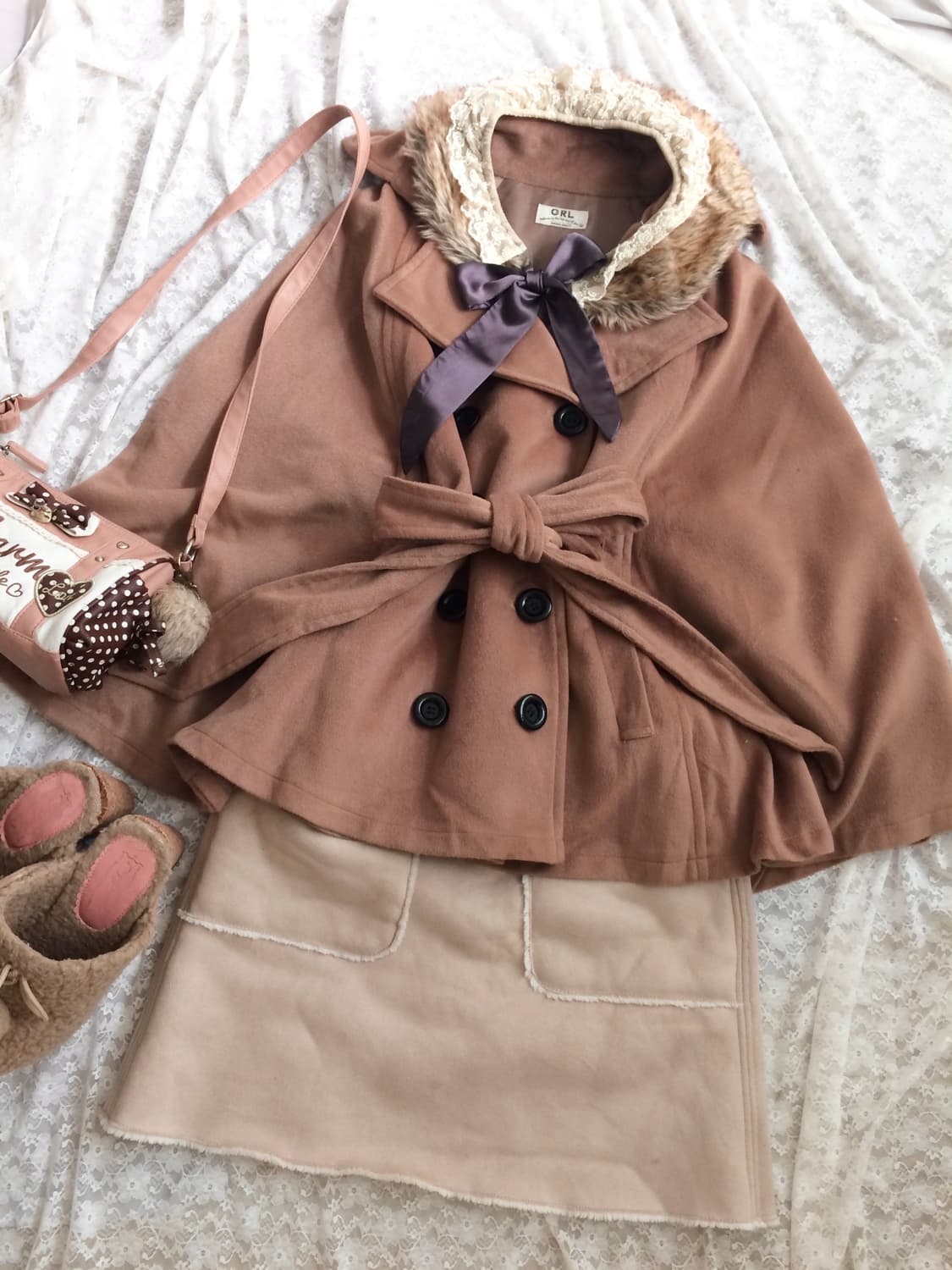 Vintage GRL brown cape & lace fur ribbon 상품이미지1
