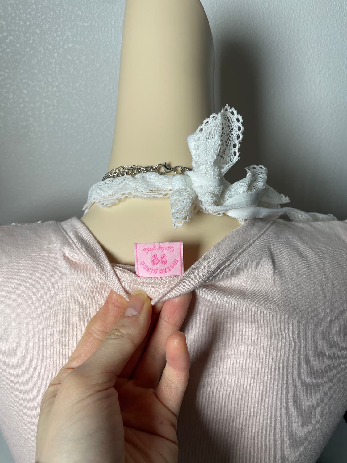 빈티지 리본 연핑크 반팔 티셔츠 상품이미지4