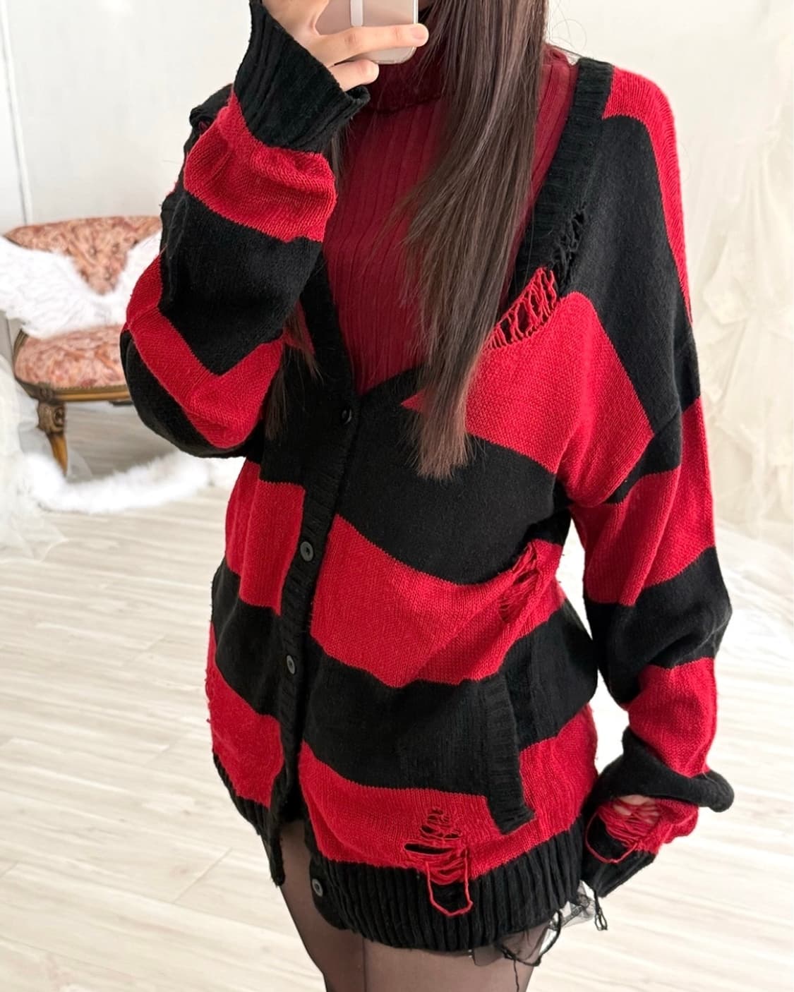 Demage detail black and red stripe cardi 상품이미지8