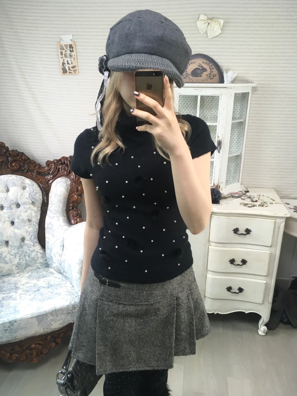 jpn vintage black wool pearl half knit 상품이미지3