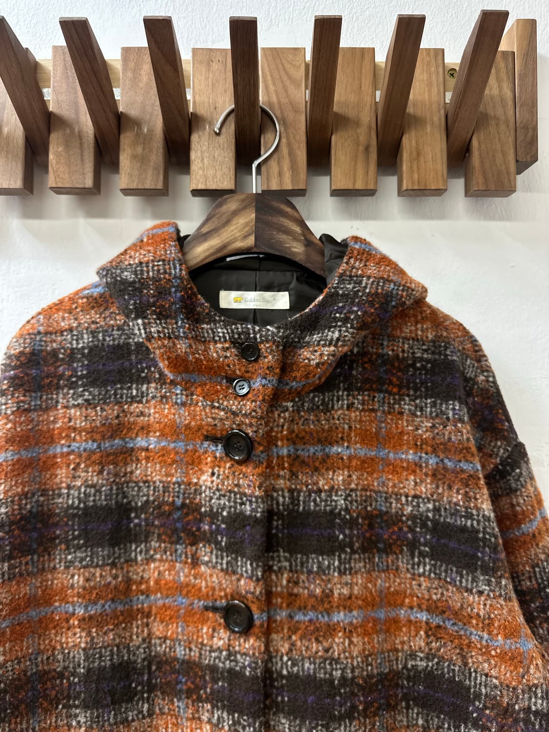 일본빈티지 GOLDEN BEAR 골든베어 체크 후드 울 혼방 코트 상품이미지3