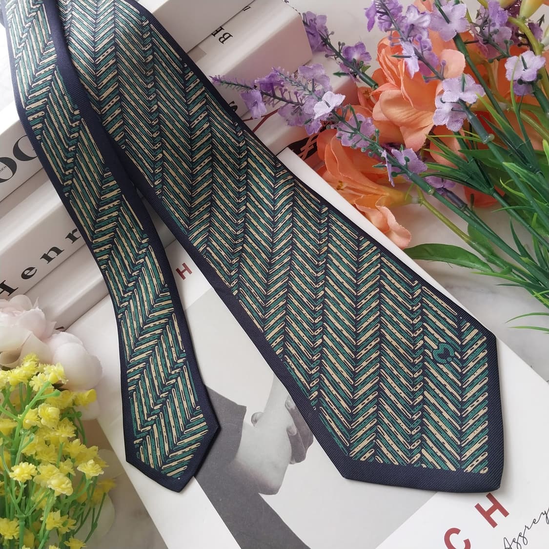밀라숀 실크 네이비&그린 헤링본 패턴 넥타이 8.5cm A등급 K1279 상품이미지2