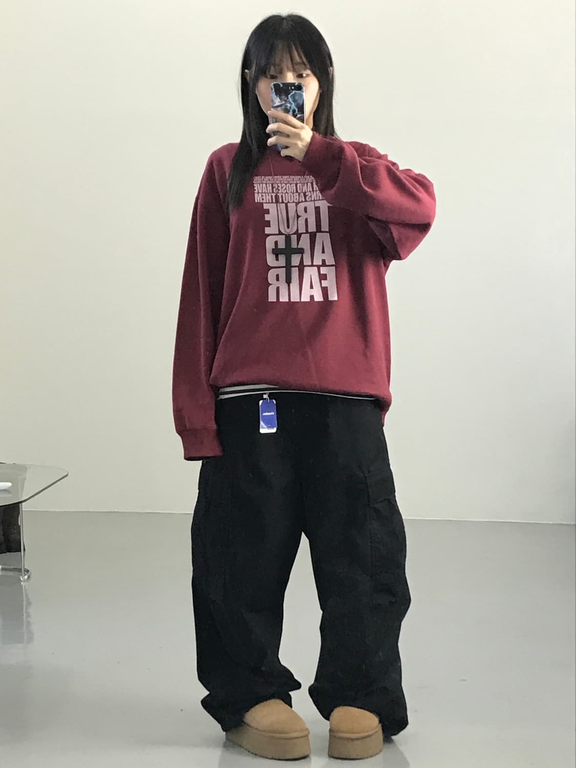 JPN 힐 크롭 버건디 맨투맨 상품이미지2