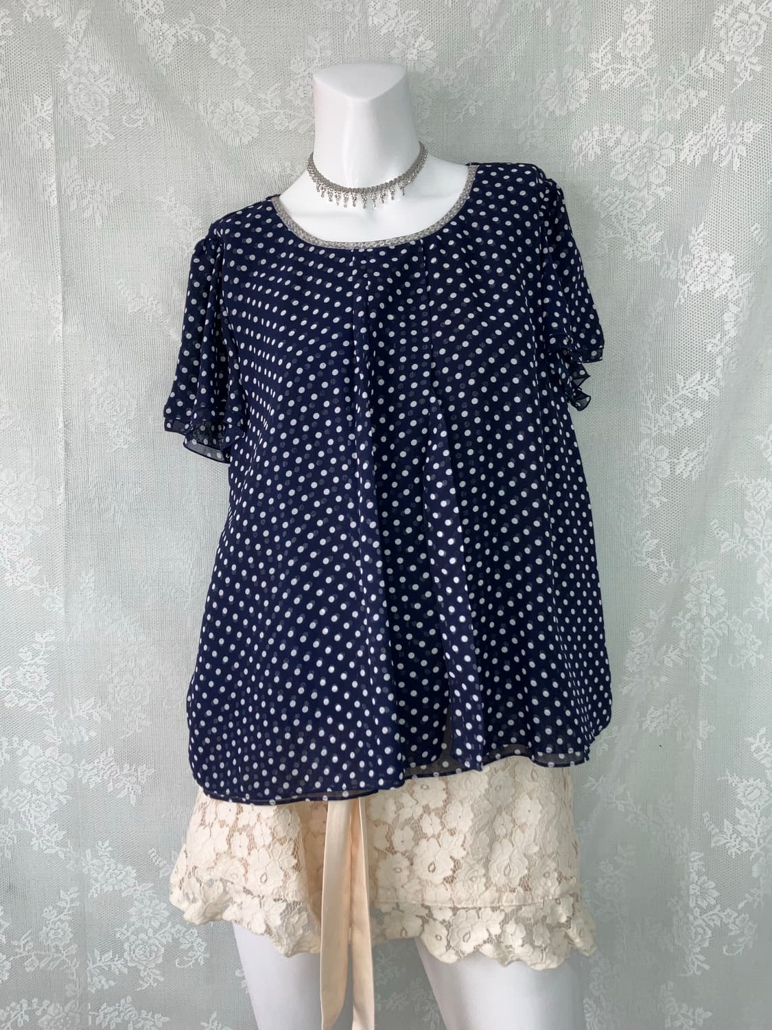 빈티지 바선생 네이비 도트 레이스 블라우스 1115 모리걸 y2k 스트릿 상품이미지1