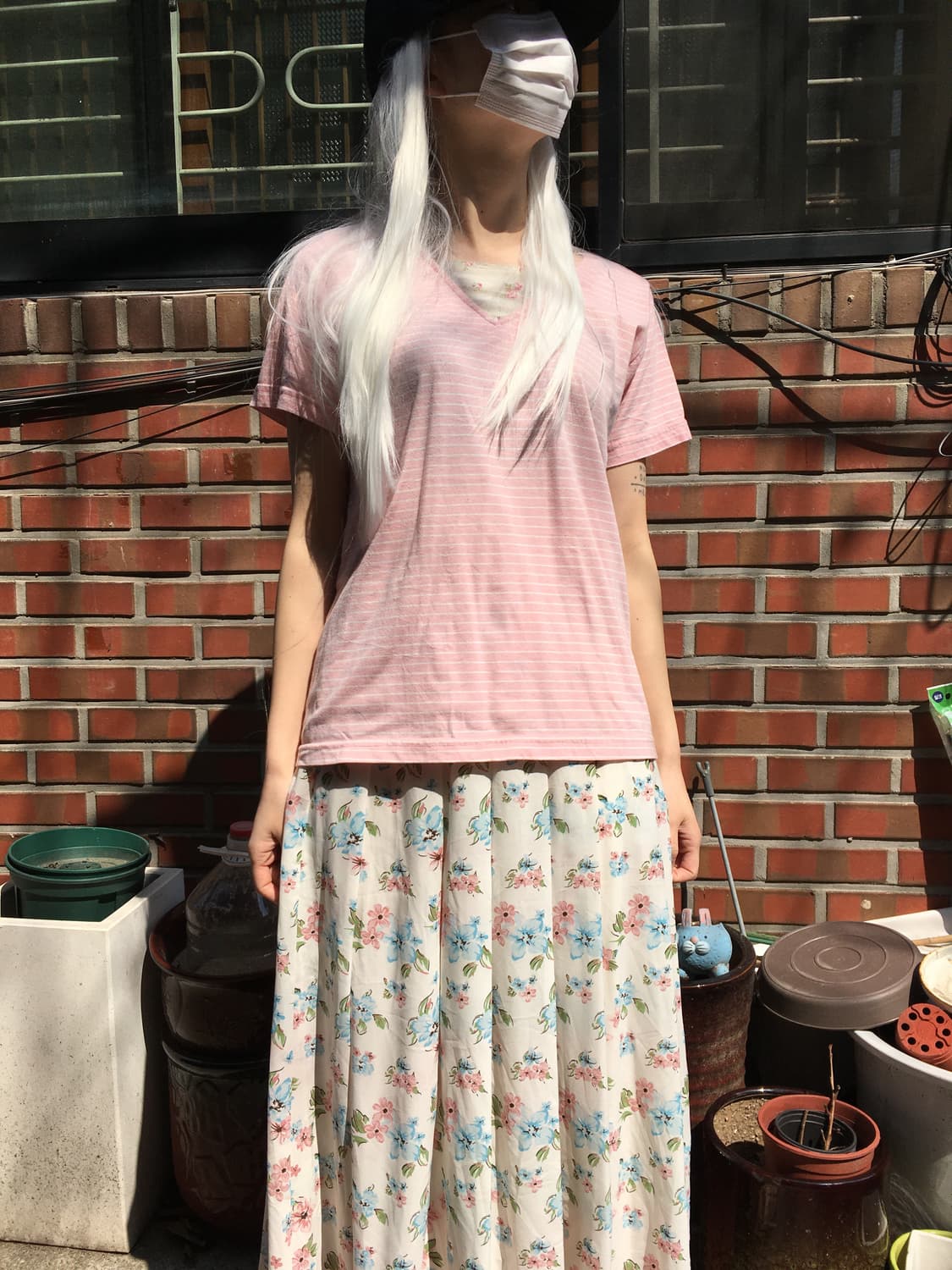 파스텔 핑크 스트라이프 티셔츠 & 플라워 가든 스커트 세트 상품이미지3