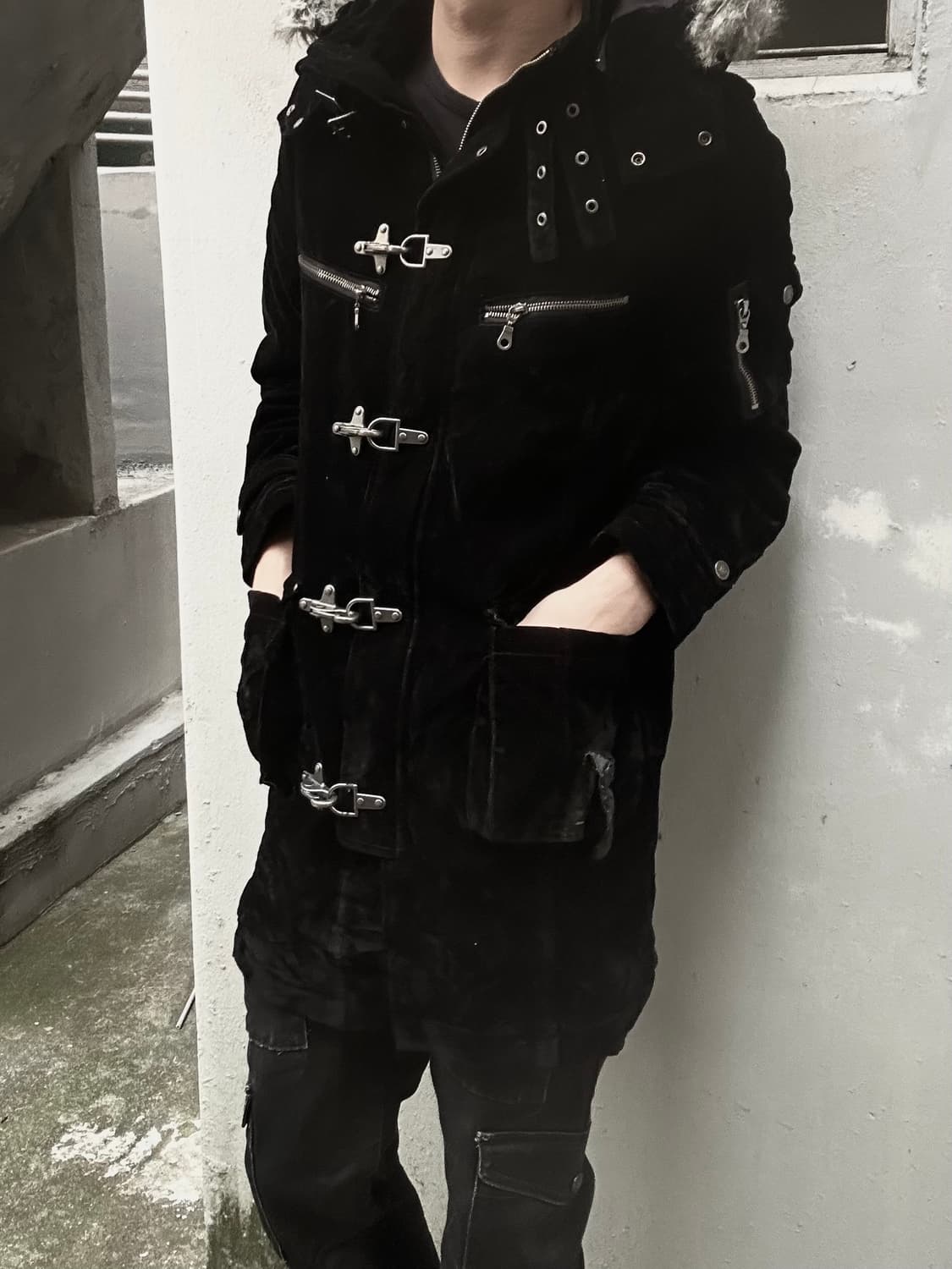 *rare* agate label vkei 펑크 블랙 버클 디테일 퍼 자 상품이미지5