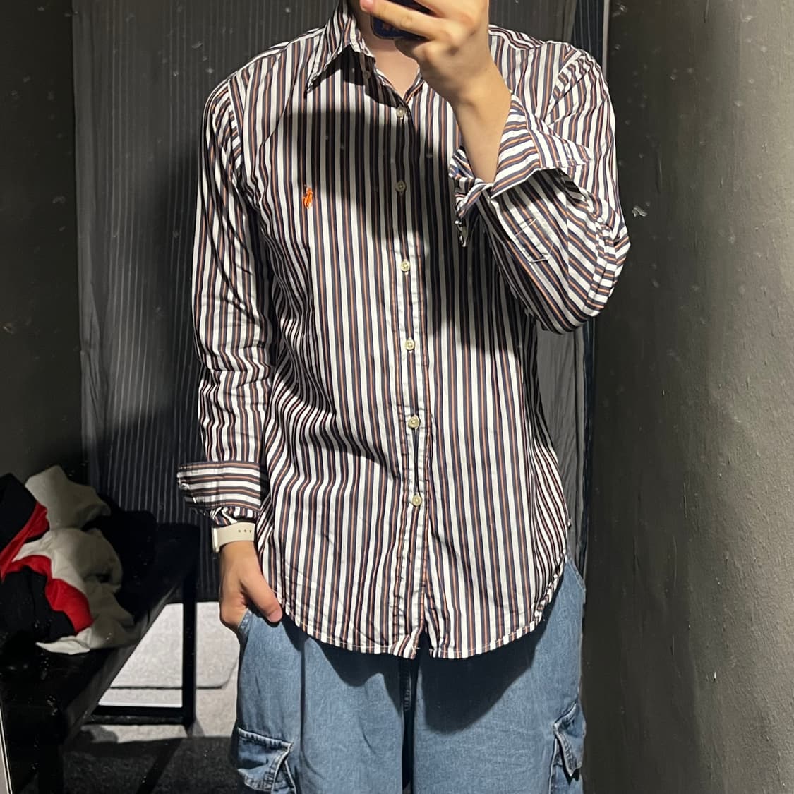 폴로랄프로렌 네이비 오렌지 스트라이프 오렌지포니 커스텀핏 코튼 남방 셔츠 상품이미지1