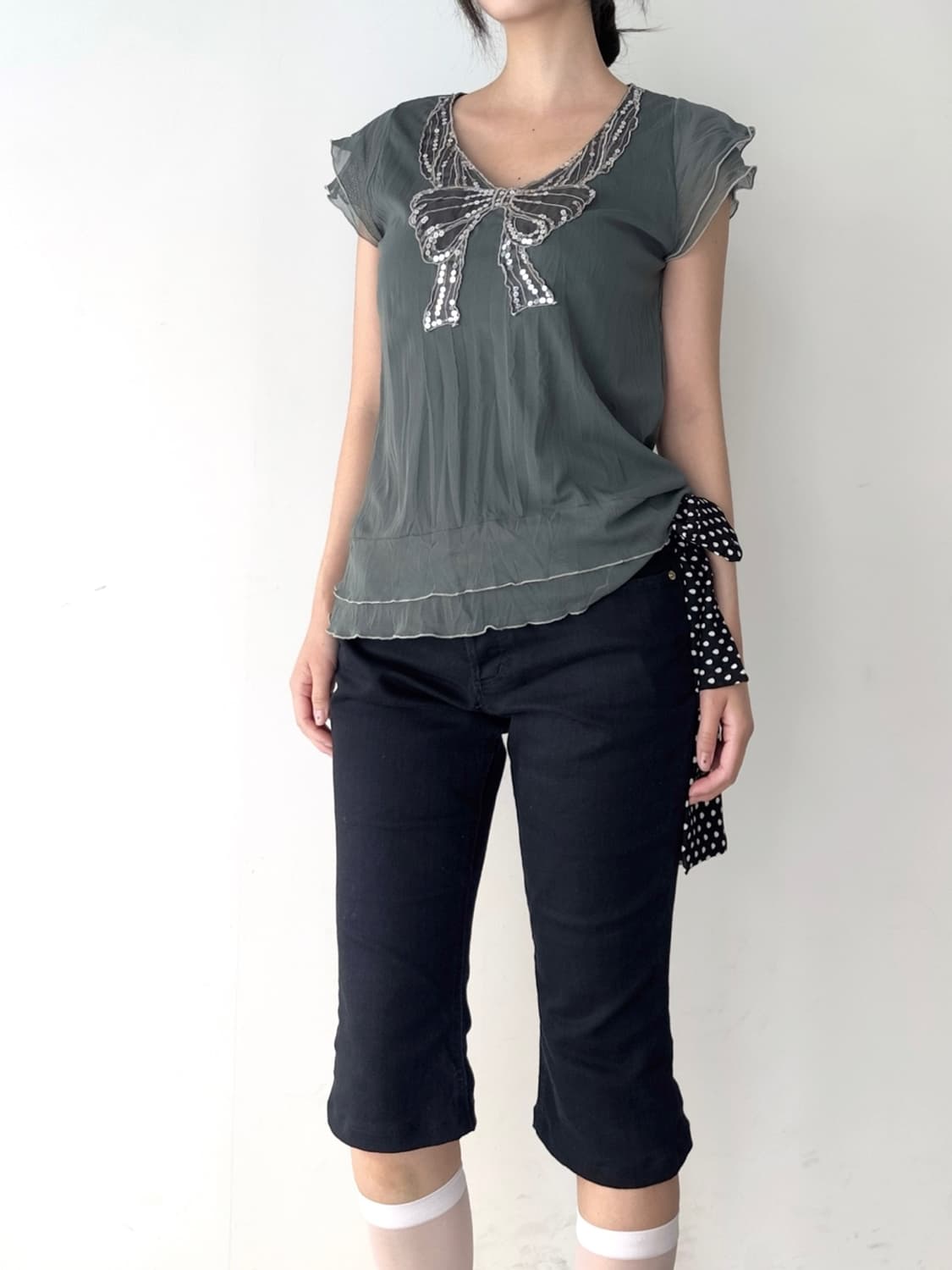 Ribbon beads top / deep green 상품이미지4