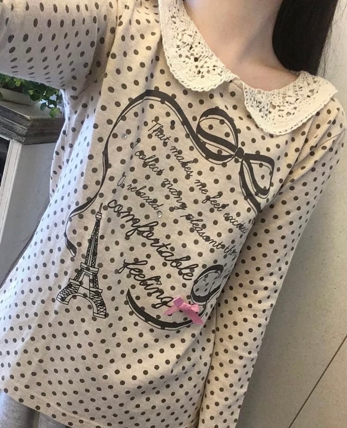 빈티지 폼폼이모리단추후드케이프 헤이세이레이스도트티셔츠 세트 초코라떼갸루 상품이미지3