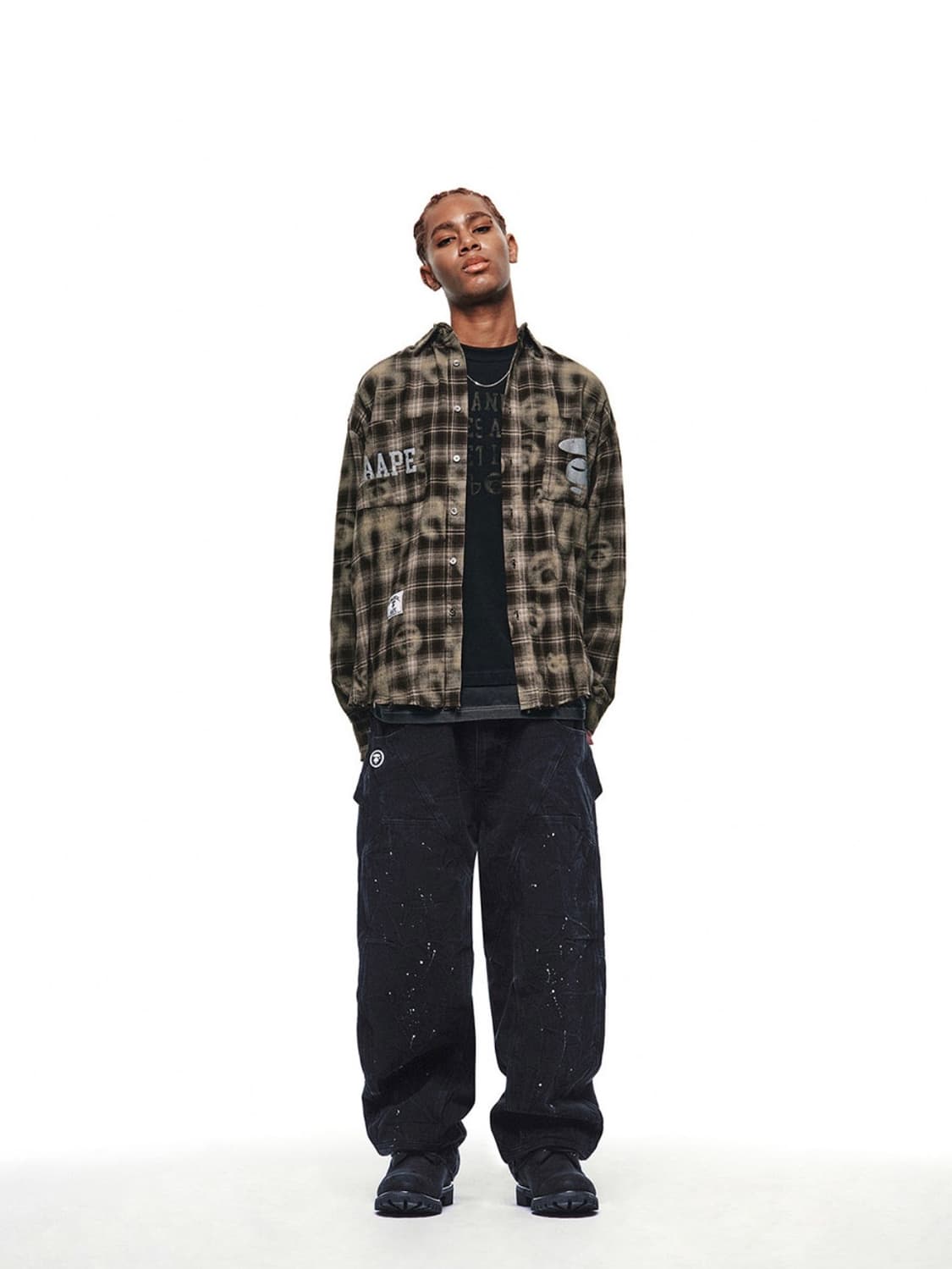 노매뉴얼 x 에이프 스프레이 심볼 체크 셔츠 브라운 상품이미지2