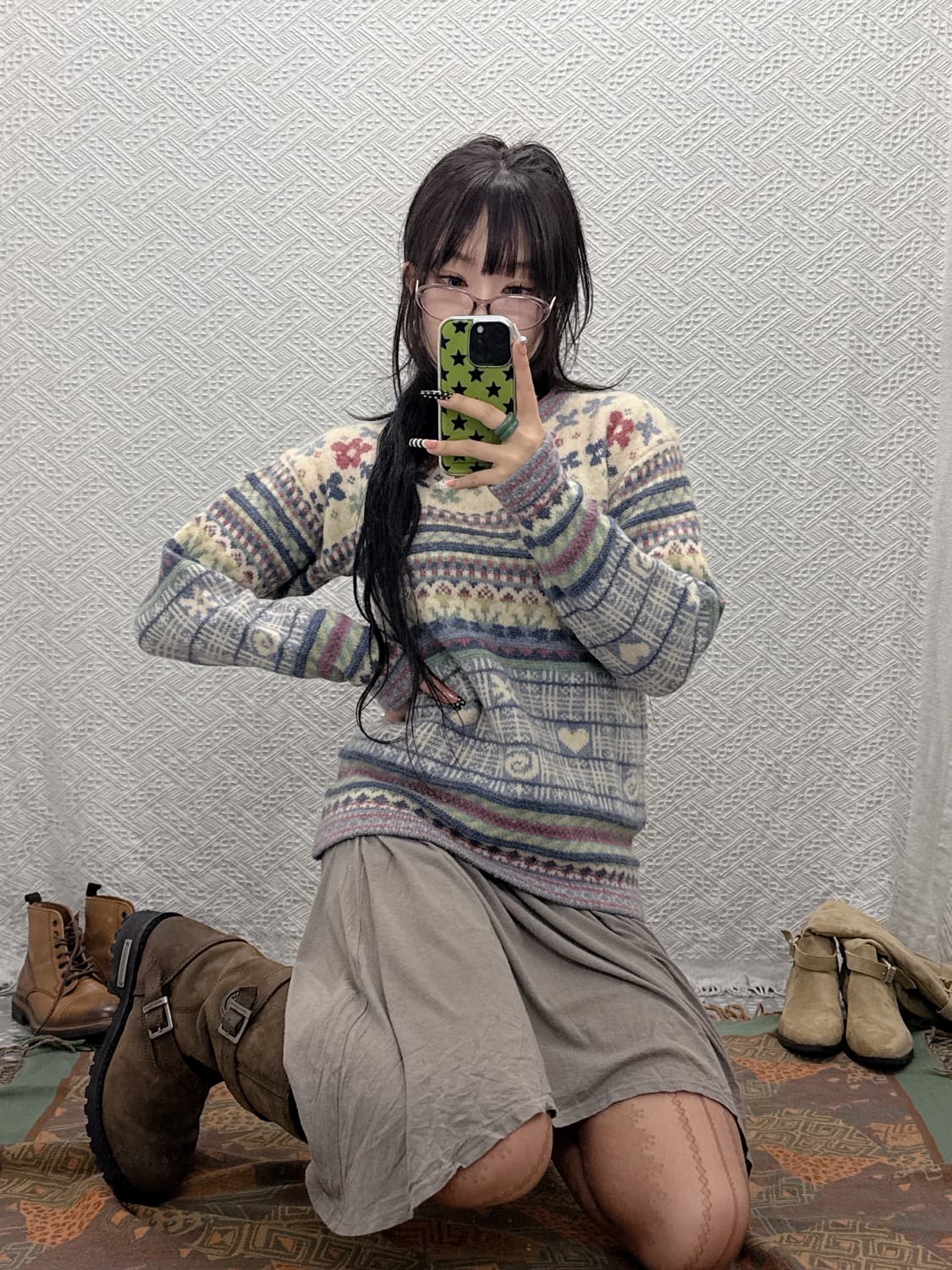 빈티지 코지 모리걸 페어리 플라워패턴 여리 파스텔 니트 K0001 상품이미지1