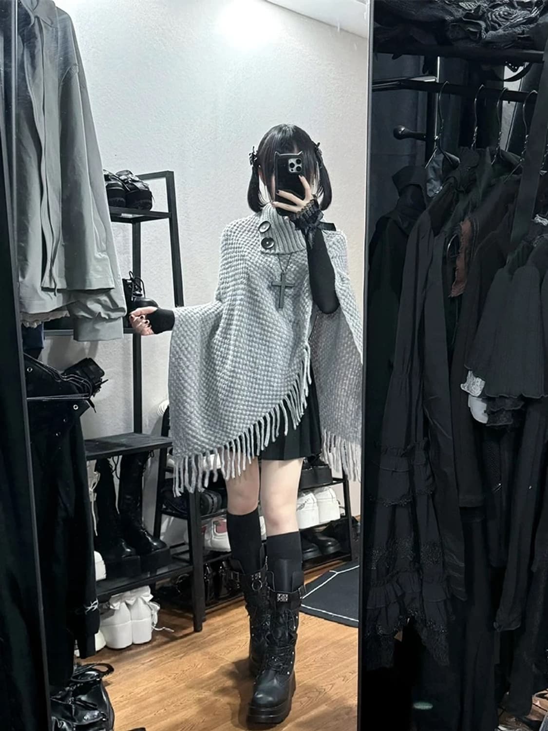 공겜여주 모리걸 지뢰계 빈티지 그레이 단추 니트 판쵸 상품이미지2