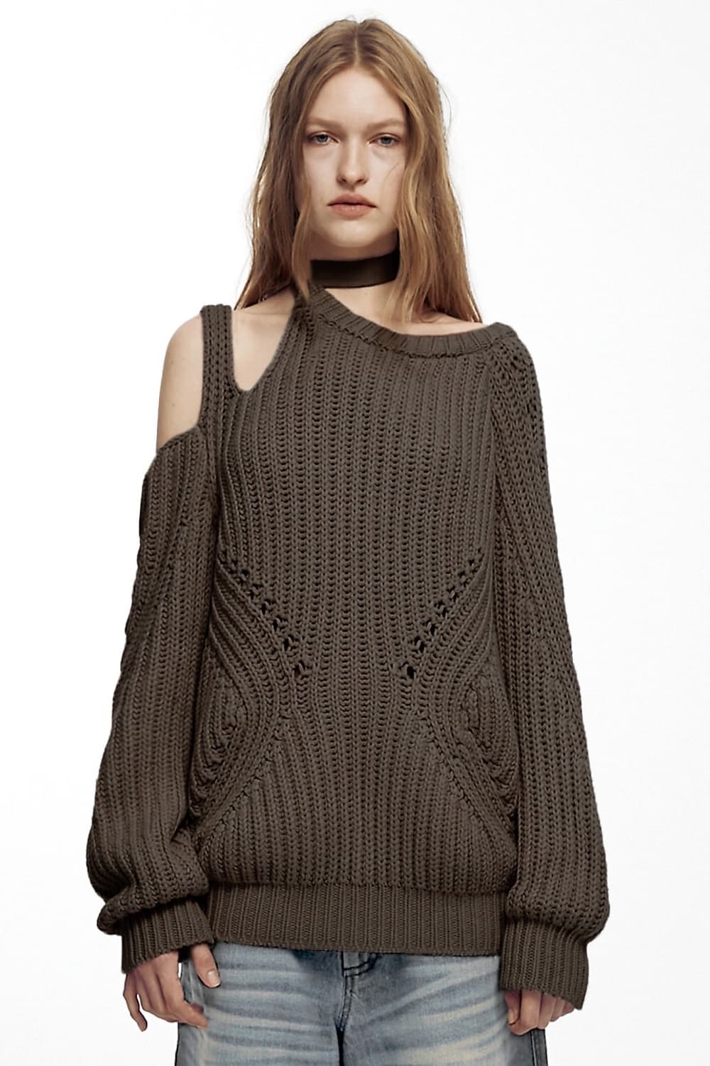 나체 슬릿 타이 니트 브라운 상품이미지1