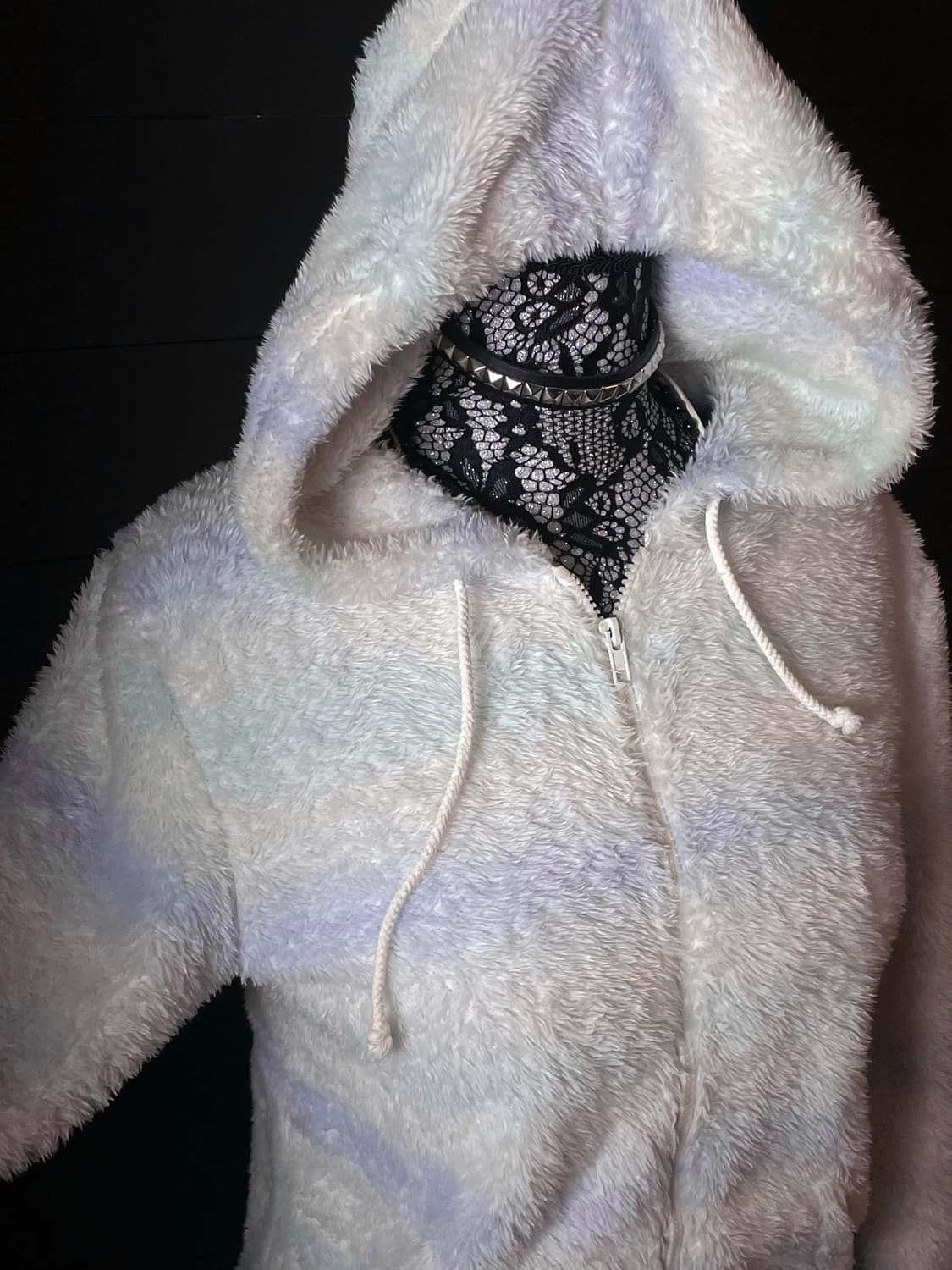 JPN 블루 민트 스트라이프 패턴 줄무늬 화이트 퍼 후드집업 상품이미지3