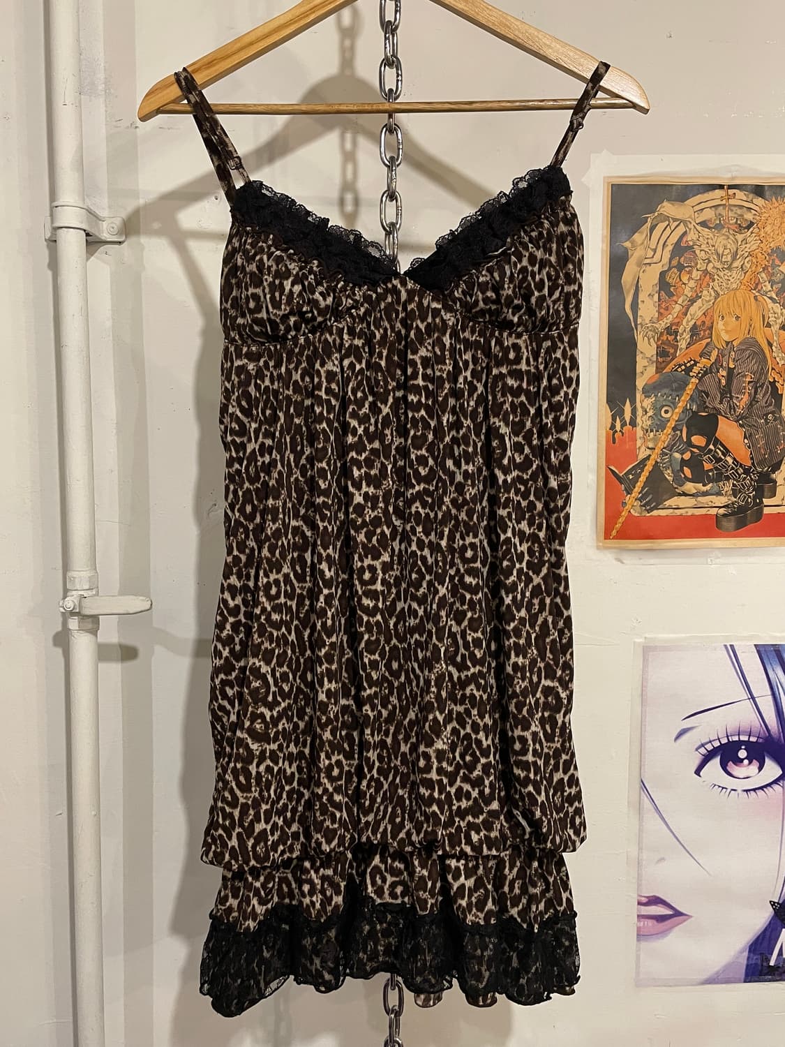 레오파드 패턴 레이스 브라운 슬리브리스 원피스 갸루 상품이미지4