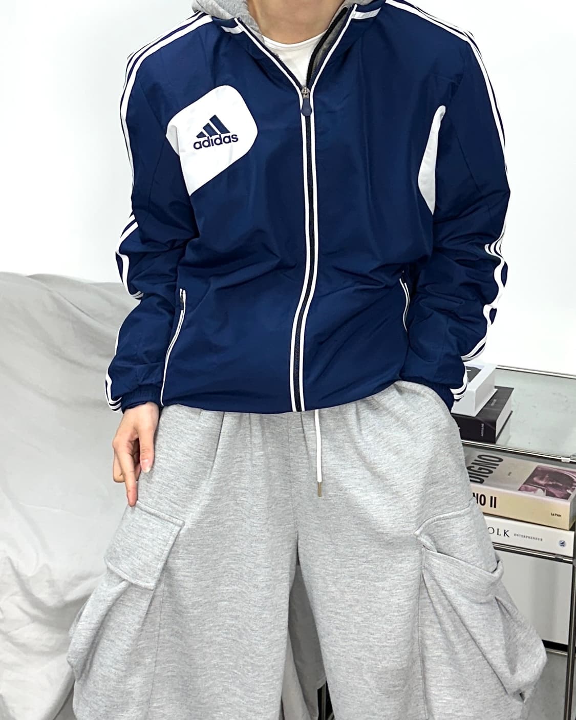 아디다스 네이비 화이트 트랙탑 바람막이 L 상품이미지2
